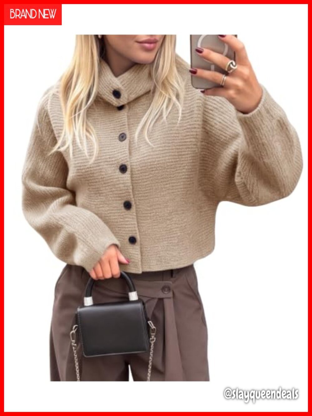 Womens Cropped Cardigan Mock Neck Button Front Lantern Sleeve Knit Sweater